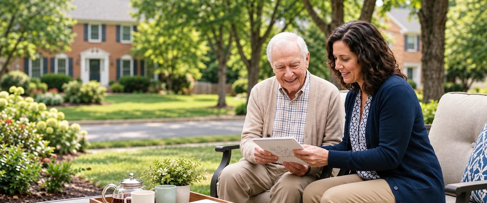 Caregiver and older man looking through a photo album outside a Northern Virginia home.