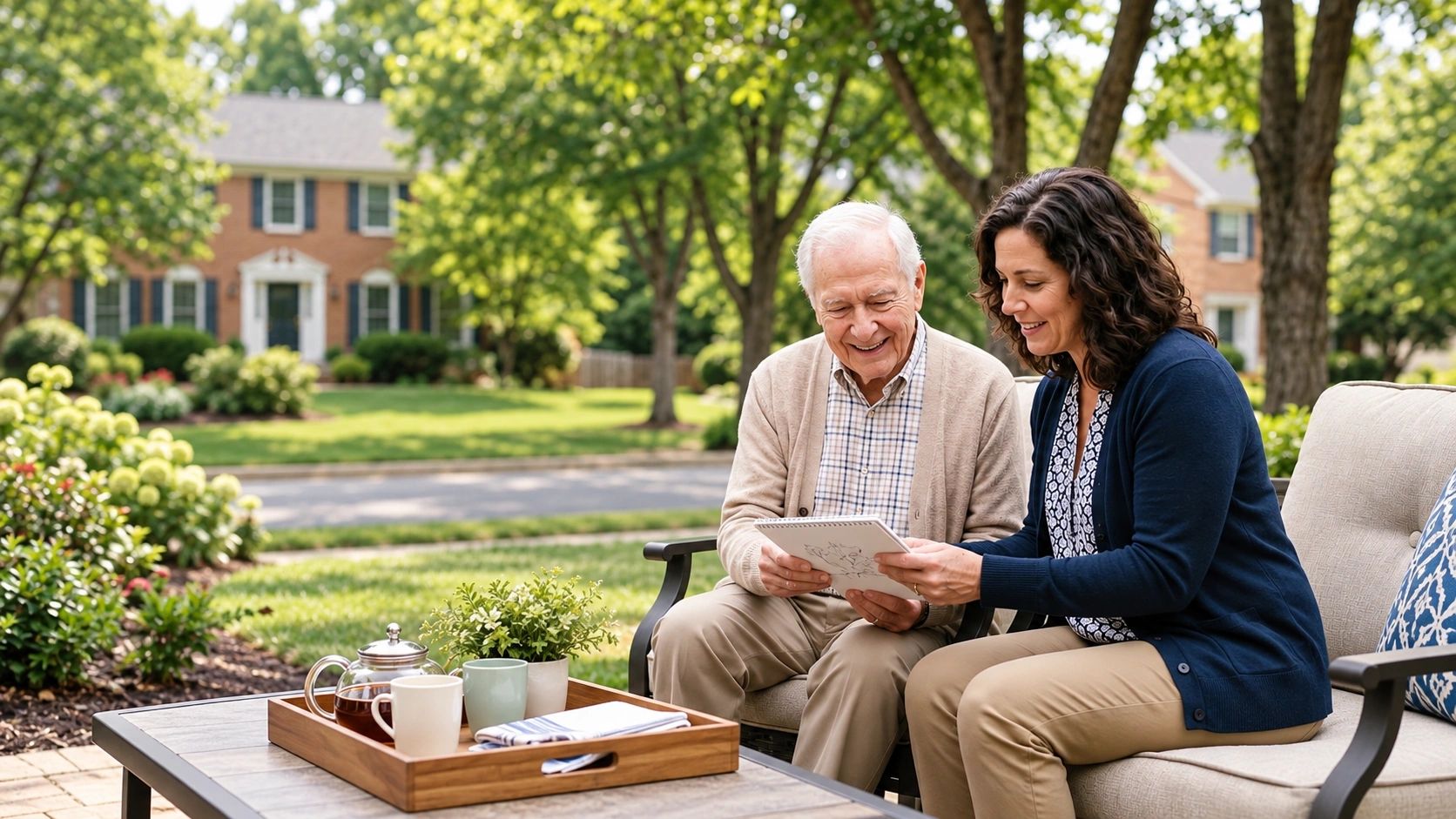 Caregiver and older man looking through a photo album outside a Northern Virginia home.