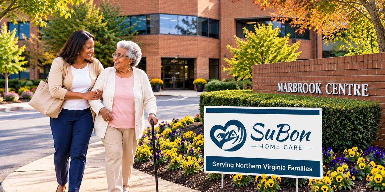 SuBon Home Care caregiver assisting a senior outside Marbrook Centre in Northern Virginia.