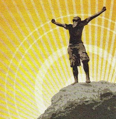 Person triumphantly stands on a rock against a radiant yellow sunburst background.