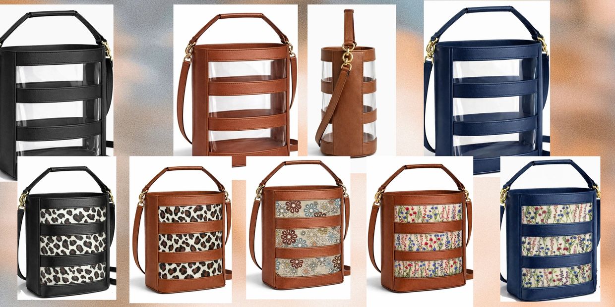 Collection of stylish transparent and patterned handbags in black, brown, and navy.