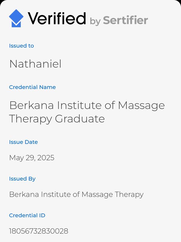 Credential issued to Nathaniel from Berkana Institute of Massage Therapy.