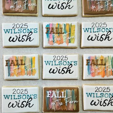 Decorative cookies with fall and farm themes, labeled 2025 Wilson's Wish and Fall on the Farm.