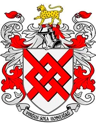 A heraldic coat of arms with red and white design and a leopard on top.