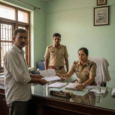Female police officer handing a document to a man in an office.