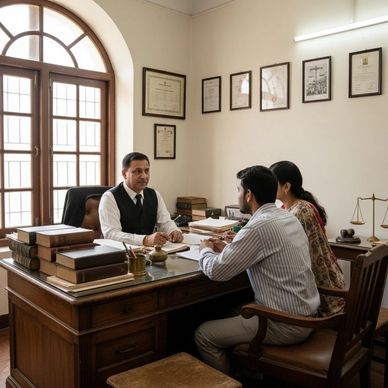 Couple consulting a lawyer in an office.
