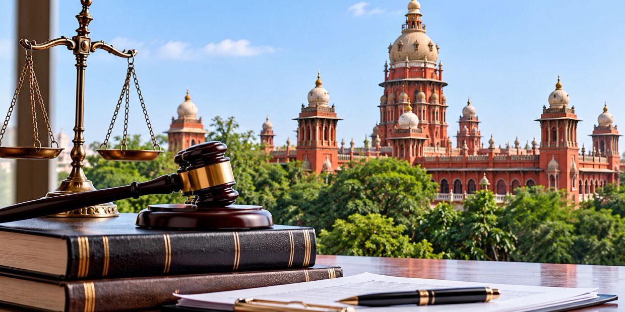 Madras High Court building in Chennai with legal books, scales of justice and gavel representing anticipatory bail legal services.