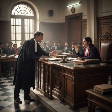 Lawyers debating in a courtroom.