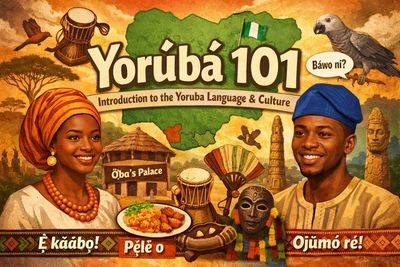 Colorful Yoruba cultural introduction with traditional attire, food, and artifacts.