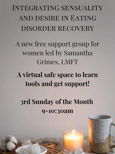 A support group ad with a candle, mug, and crystals. 