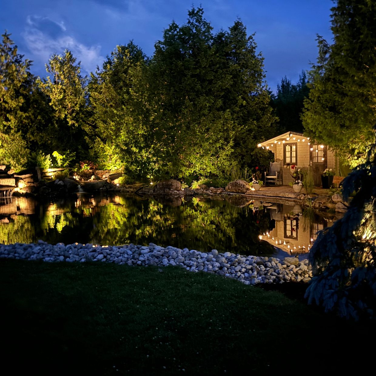 Landscape lighting can be a great way to enhance your backyard. Make your pond or water feature stun