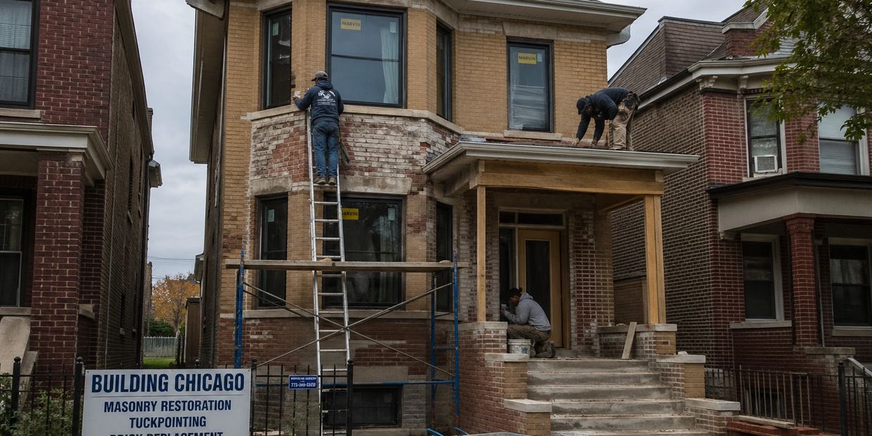 Workers restoring masonry on a Chicago brick house.