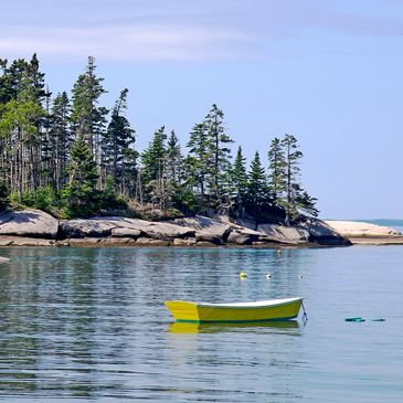 Yellow dinghy at Maine coast island