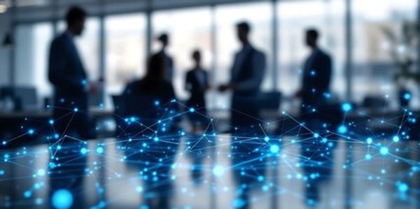 Silhouettes of business people with digital network connections overlay.