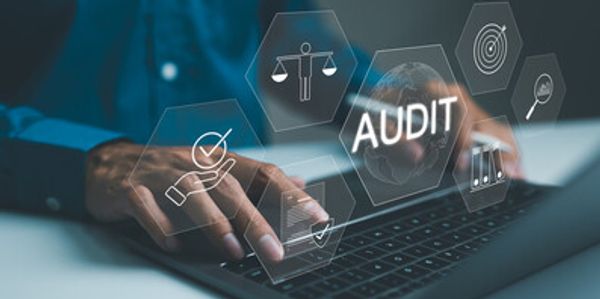 Person typing on laptop with floating audit-related icons.