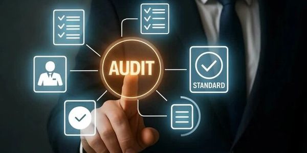 A businessman pointing at a glowing audit concept with related icons.