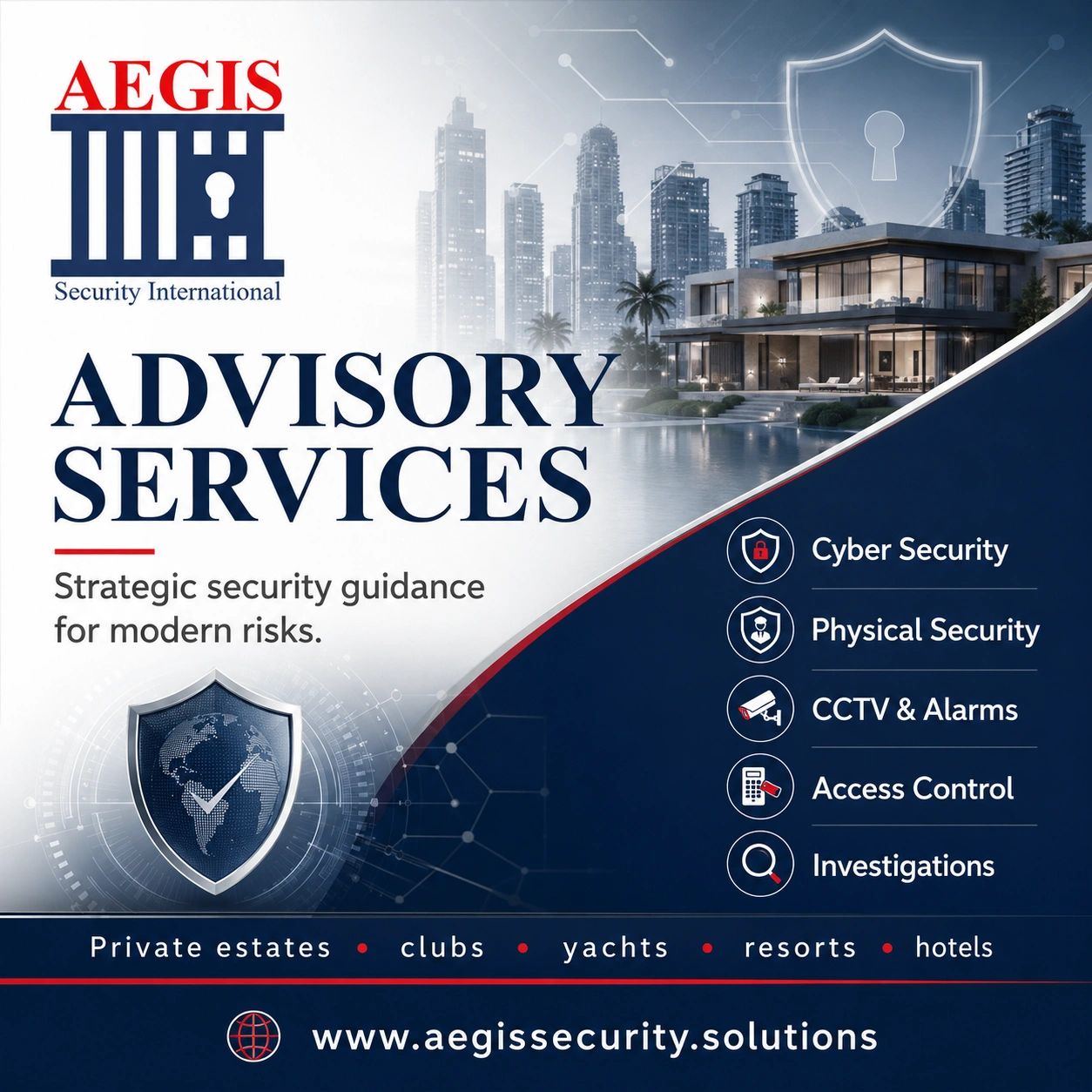 A red, white, and blue graphic for AEGIS Advisory Services with a shield and security services.