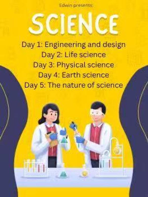 Science topics overview with illustrated scientists and experiments.
