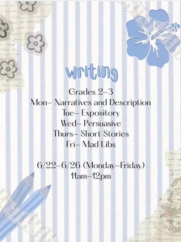 Writing workshop schedule for grades 2-3 from June 22 to 26, 11am-12pm.