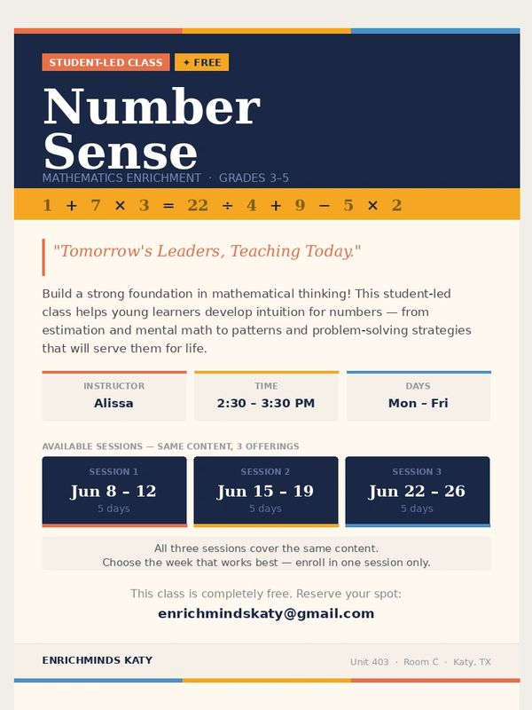Free student-led Number Sense class for grades 3-5, held Mon-Fri, 2:30-3:30 PM.