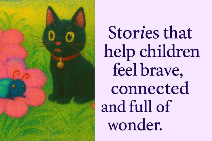 A colorful illustration of a black cat and a bug with a quote about children's stories.