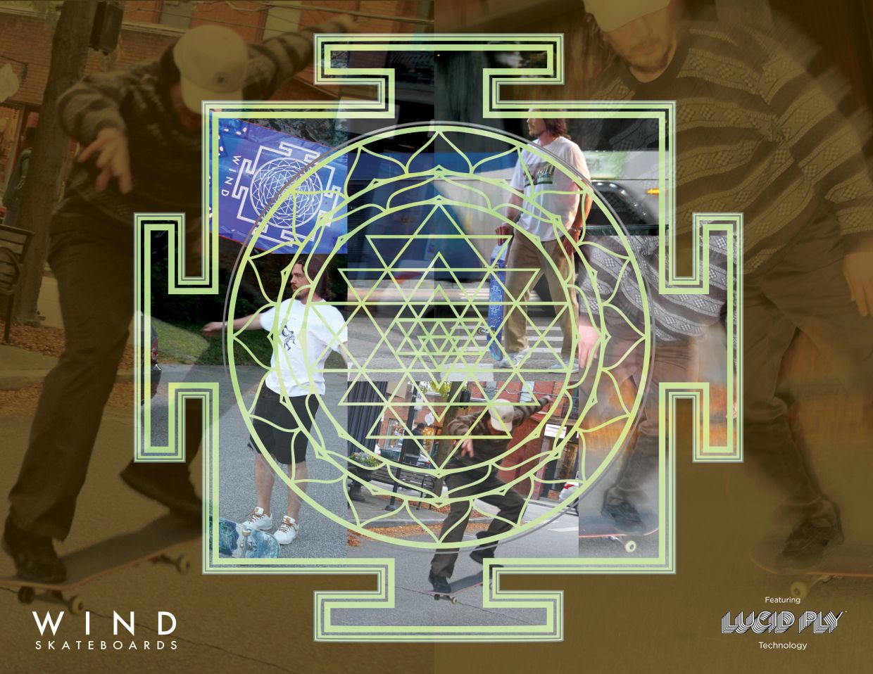 Skateboarders performing tricks with a geometric design overlay and WIND Skateboards branding.