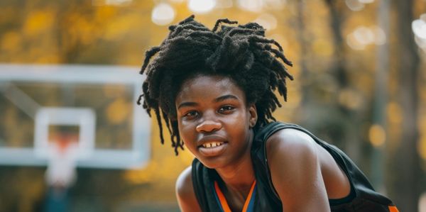 Basketball player smiling outdoors on the court with a net in the background.