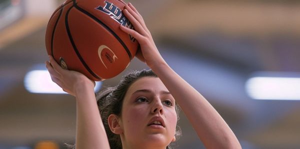 Focused female basketball player preparing to take a shot.