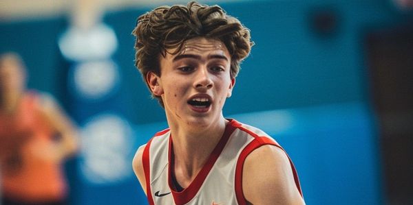 Young basketball player dribbling and focused during a game.