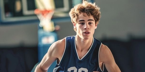 Basketball player in action wearing a blue jersey with the number 38.