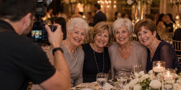 Four elderly women smiling together at a formal event while being photographed.