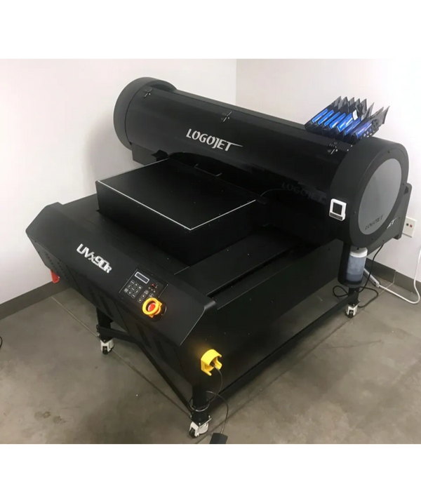 A Black UVx90R LogoJet UV Printing Machine on a concrete floor. 