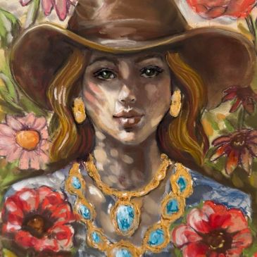 Woman with hat and jewelry surrounded by flowers.