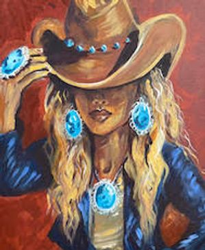 Woman with cowboy hat and turquoise jewelry.