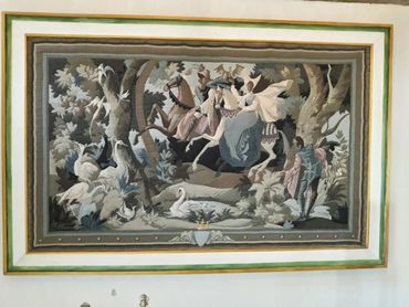 Deco, ancient wall tapestry canvas in villa river view