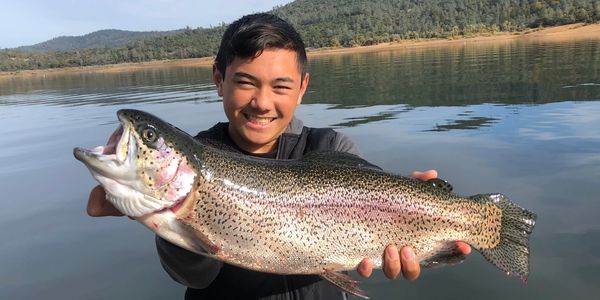 A young man proudly holding a large rainbow trout by a lake.