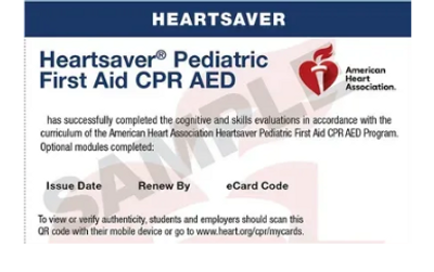 Certificate for Heartsaver Pediatric First Aid CPR AED completion.