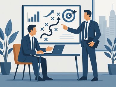 Due professionisti seduti a un tavolo moderno, sullo sfondo una lavagna digitale/monitor con grafico