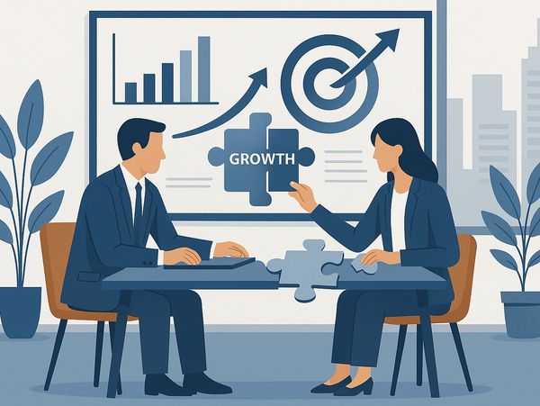 Due professionisti seduti a un tavolo moderno, sullo sfondo una lavagna digitale/monitor con grafico