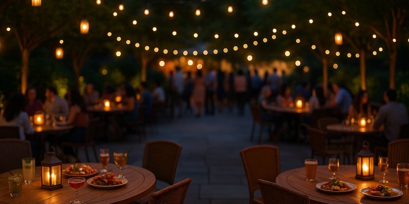 Outdoor evening dining with string lights and candles creating a cozy ambiance.
