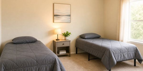 Minimalist bedroom with two single beds and a nightstand.