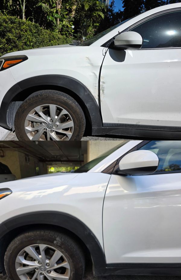 Before and after car dent repair on the front left door.