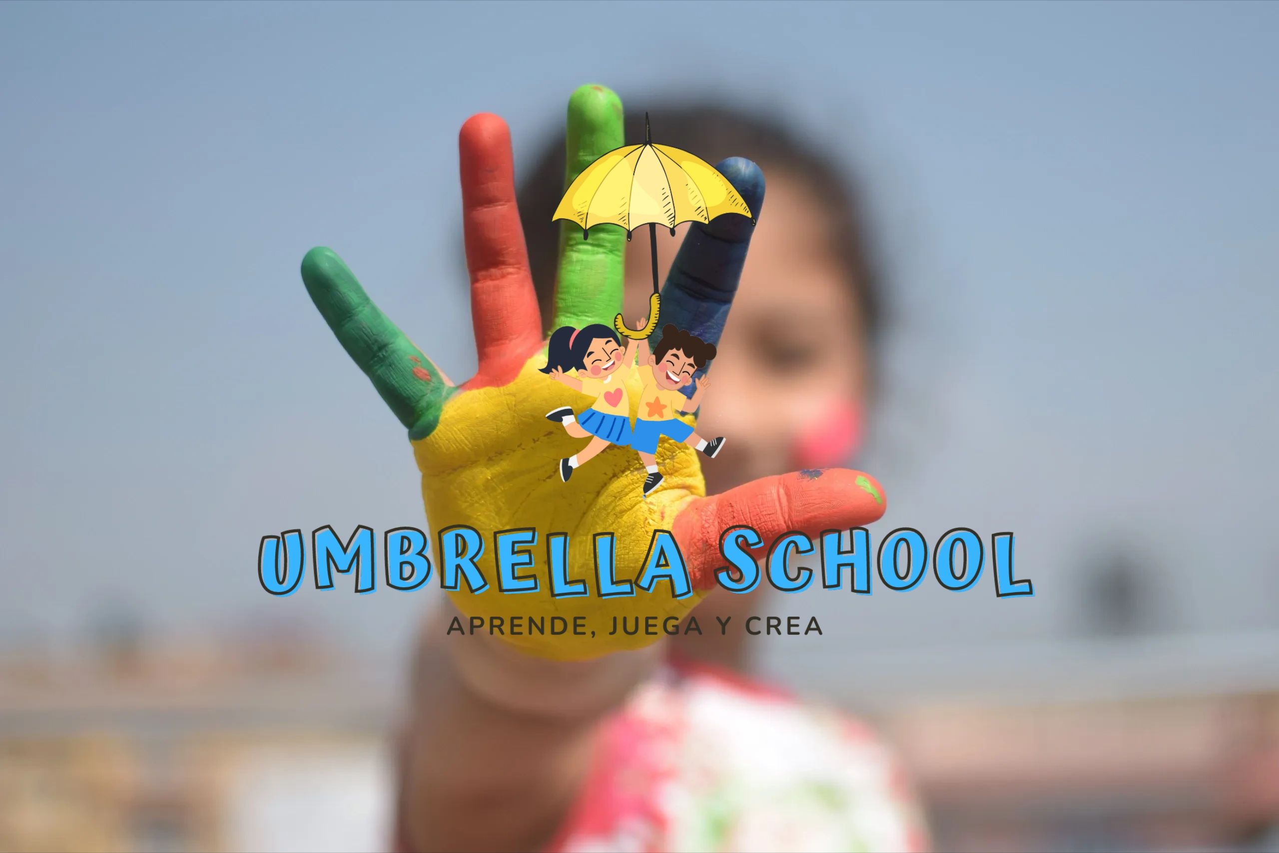 Mano pintada de colores con logo de escuela y texto.