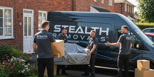 Four movers carrying furniture and boxes outside a residential home with a Stealth Removals van.