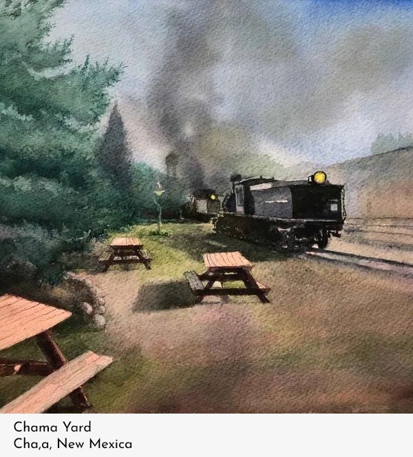 A beautiful painting of a train engine and trees 
