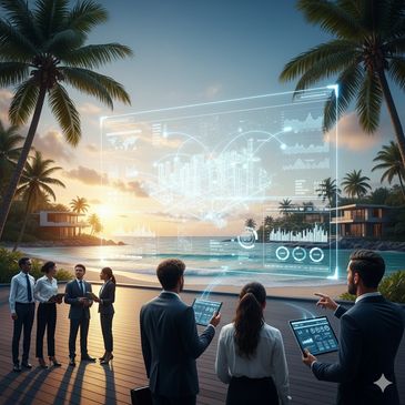 Business team using futuristic holographic data displays by the ocean at sunset.