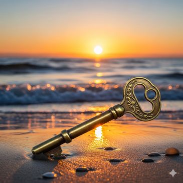A vintage key embedded in sand at sunset on a beach.