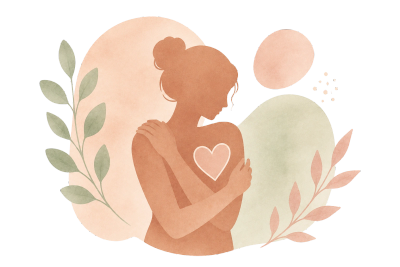 Abstract woman embracing herself with heart symbol.