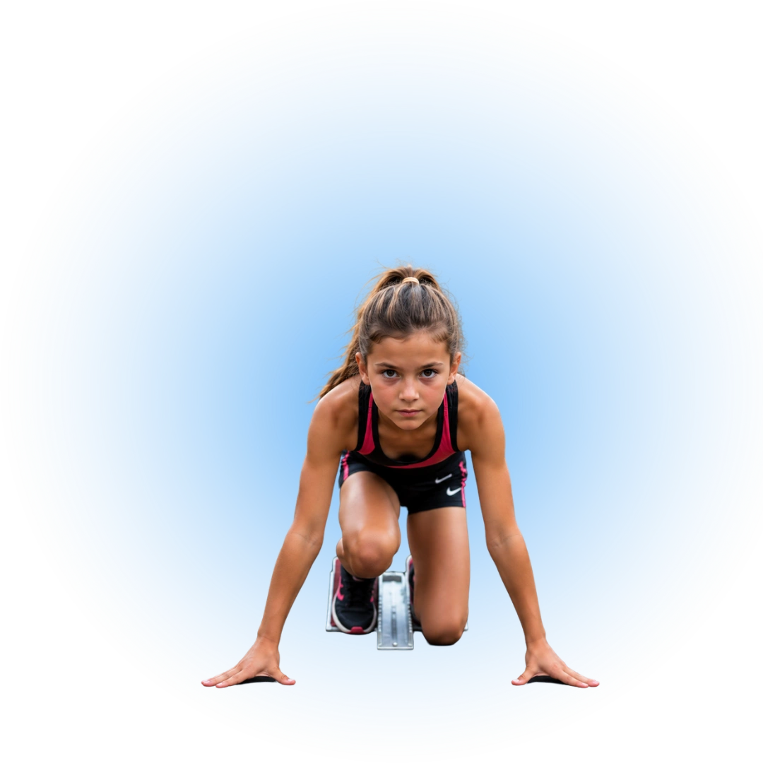 Young female track athlete crouches in a sprint starting position.