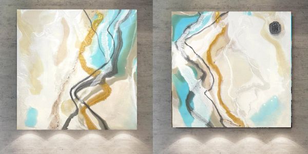 2 modern resin paintings hanging at hotel vin by Kelly Gowan
